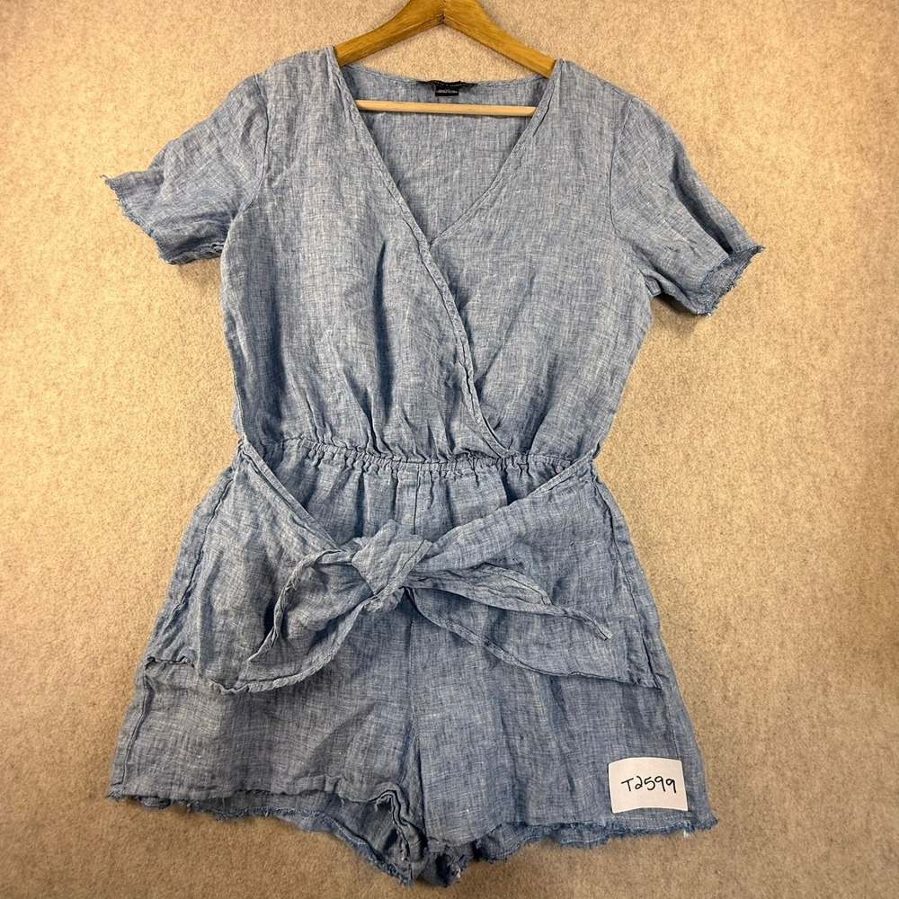 Sanctuary x Anthropologie Blue Linen Wrap Romper Frayed Hem XS